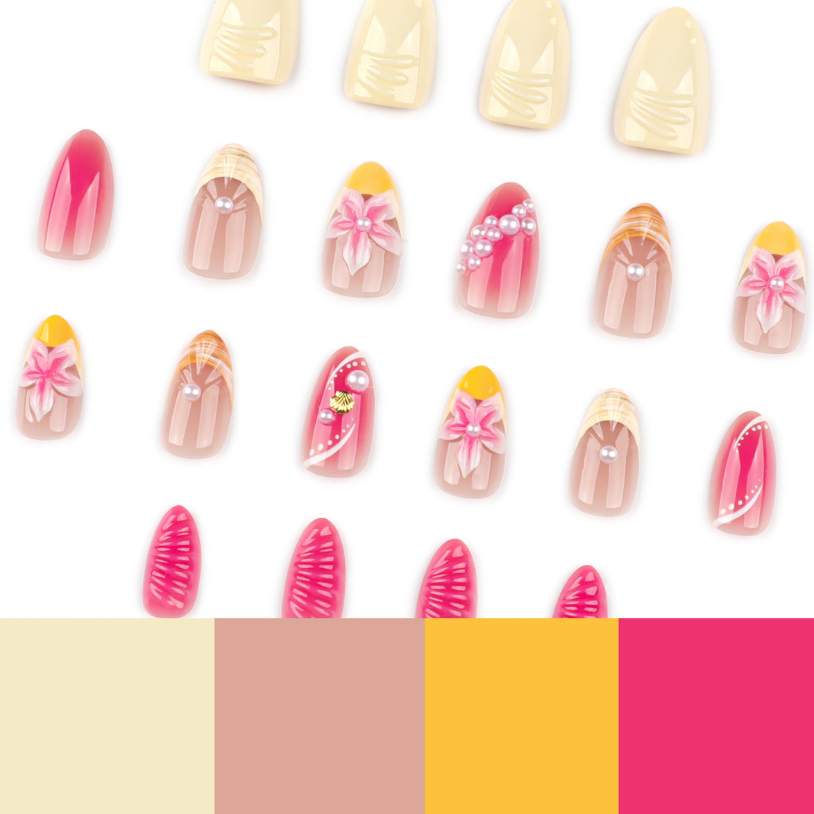 Tropical Shell & Pearl in Hot Pink & Mango Press-On Nails