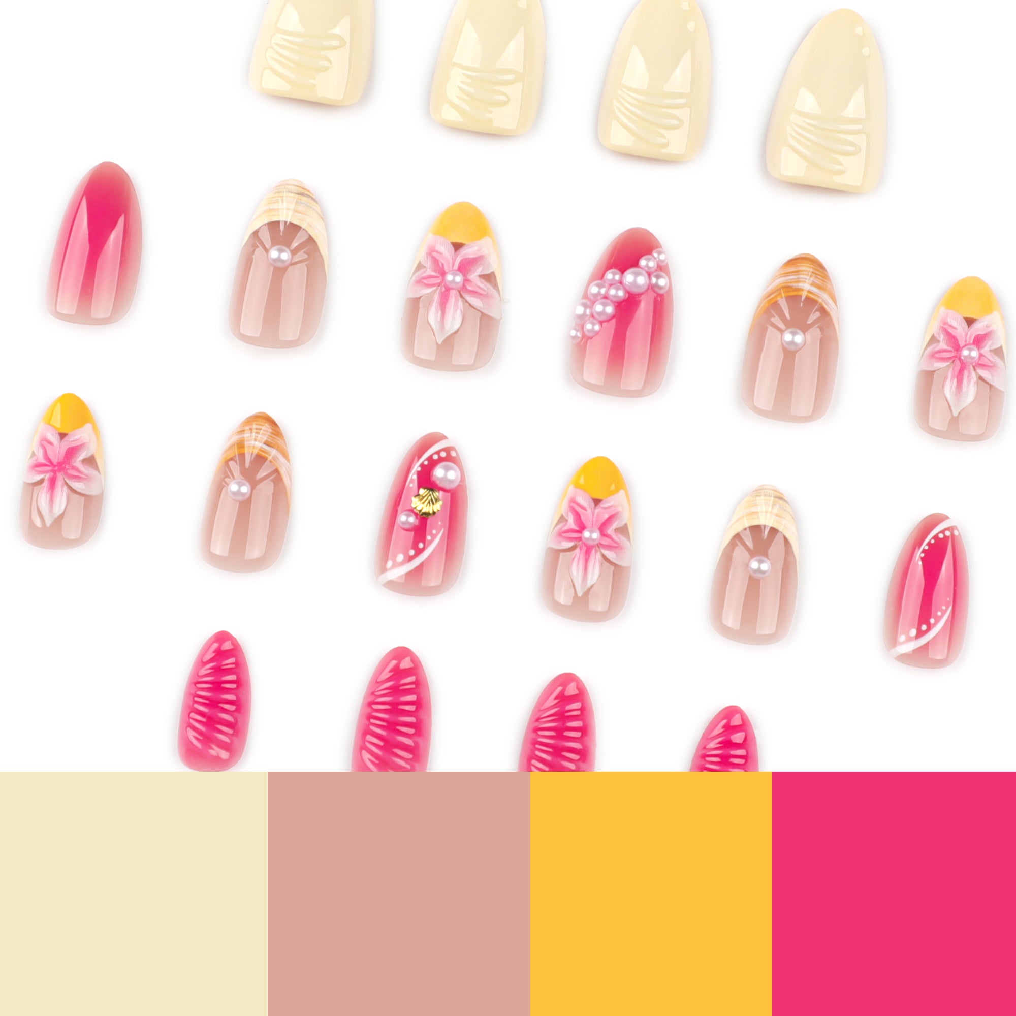 Tropical Shell & Pearl in Hot Pink & Mango Press-On Nails