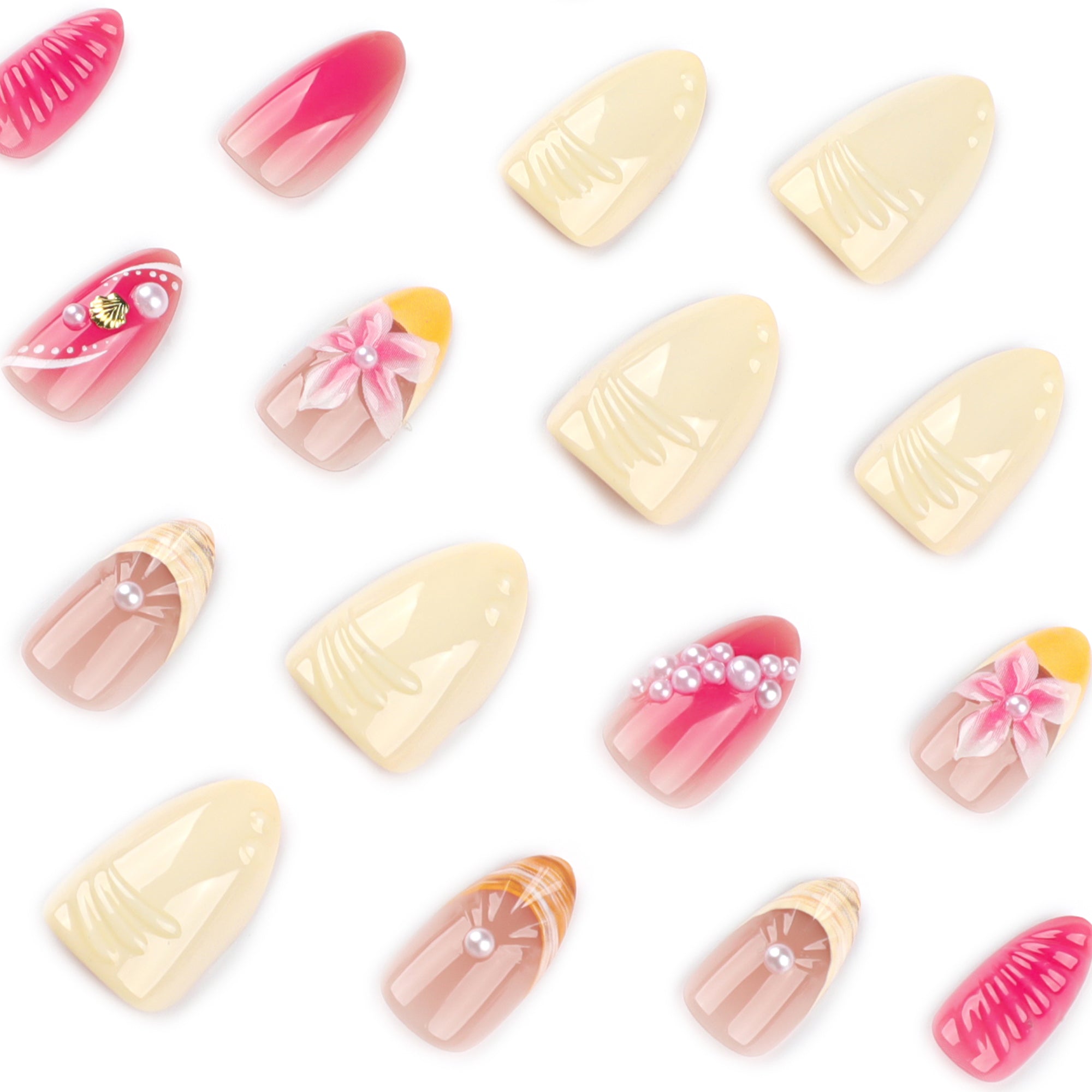 Tropical Shell & Pearl in Hot Pink & Mango Press-On Nails