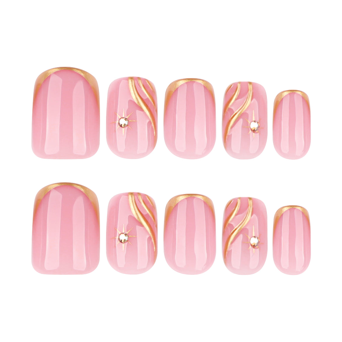 Baby Pink Gold Frame 3D Swirl Crystal Press-On Nails