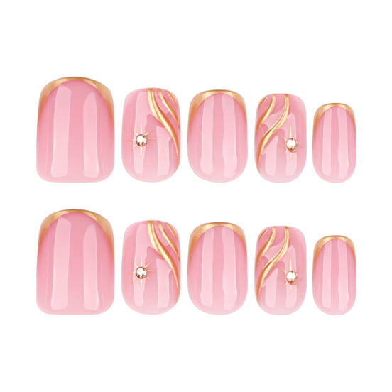 Baby Pink Gold Frame 3D Swirl Crystal Press-On Nails