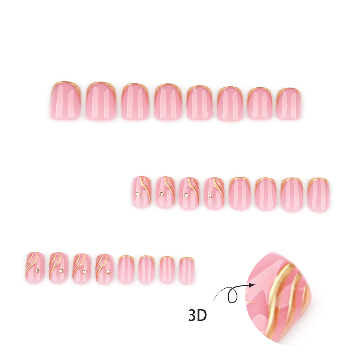 Baby Pink Gold Frame 3D Swirl Crystal Press-On Nails