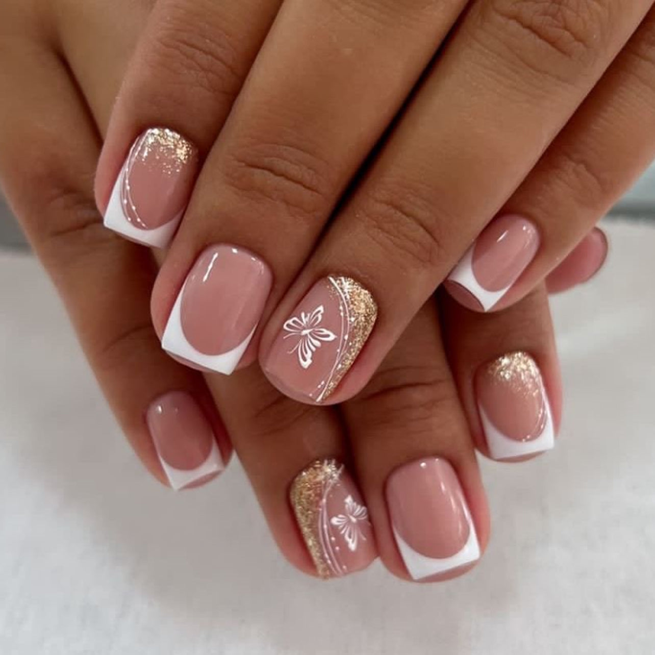 Lace Gold Bow French Nails