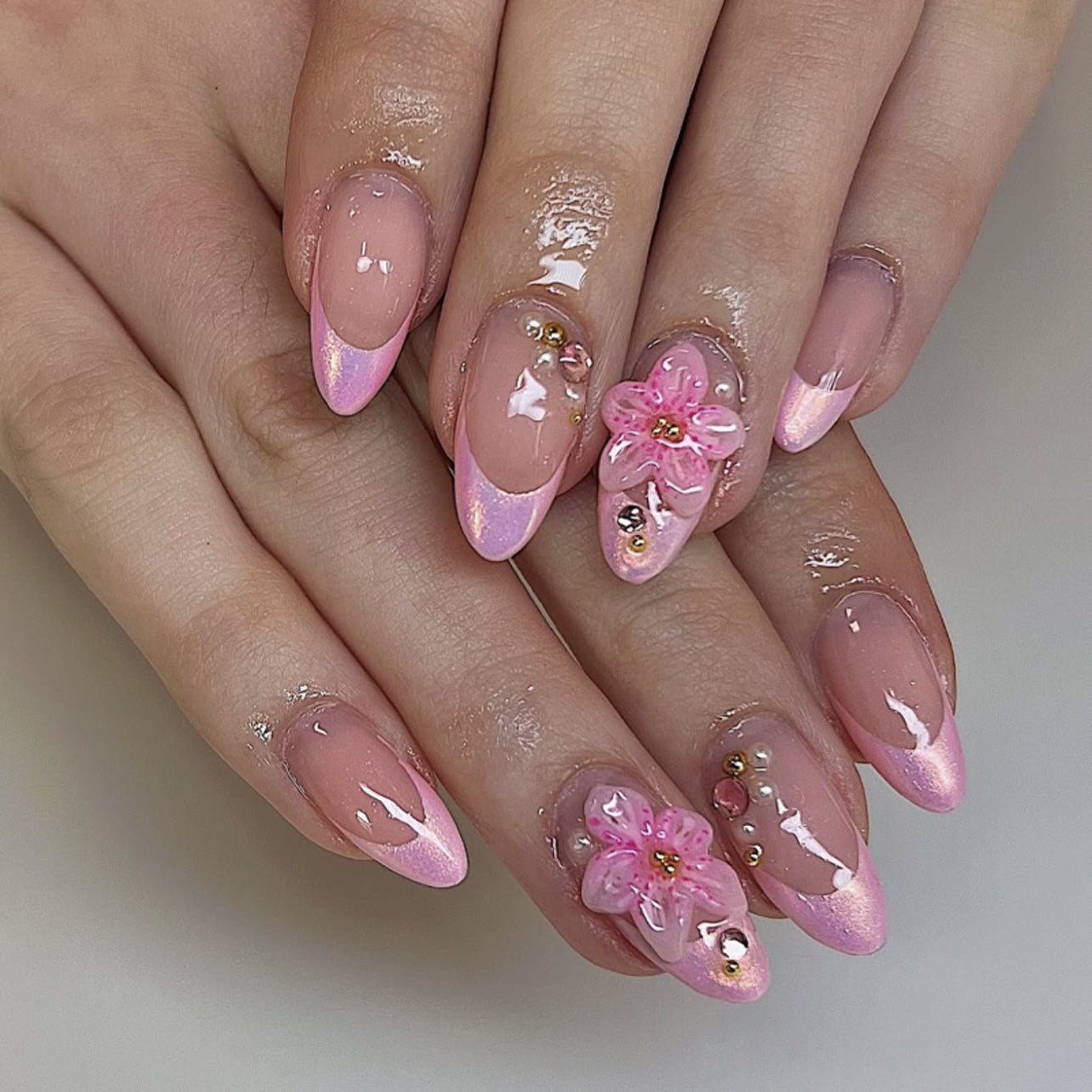 Pink Pearl Floral French Nails