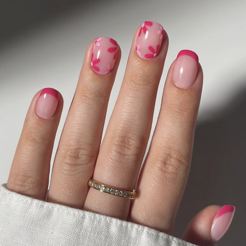 Hot Pink Floral French Press-On Nails