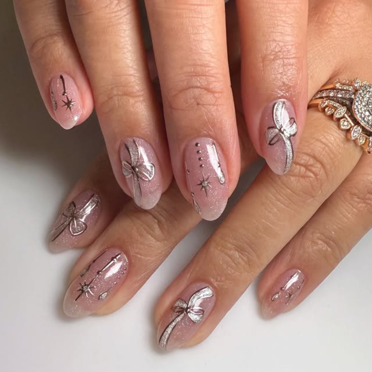 Glitter Ribbon Pink Nails