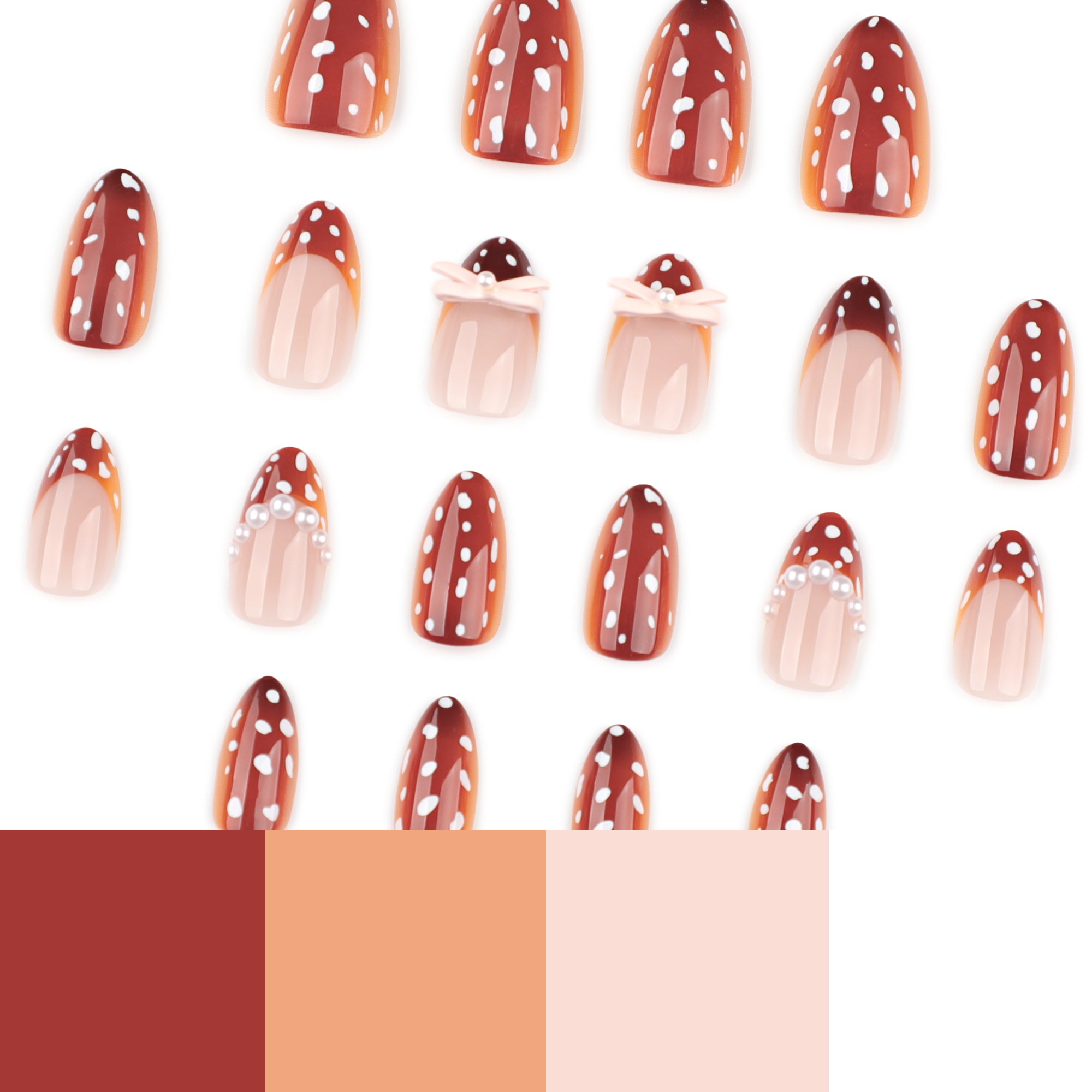 Burgundy Polka Dot Pearl Bow Press-On Nails