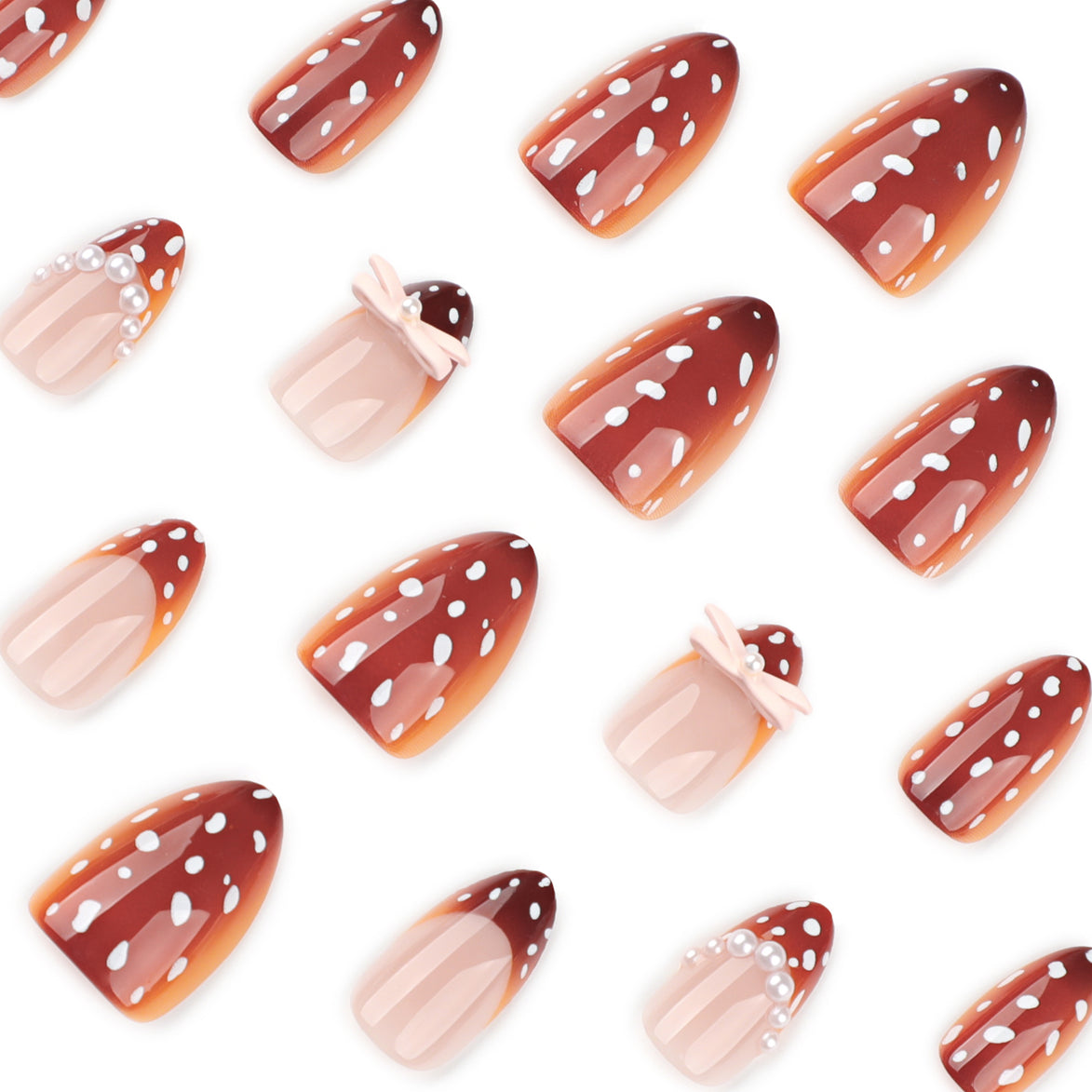 Burgundy Polka Dot Pearl Bow Press-On Nails