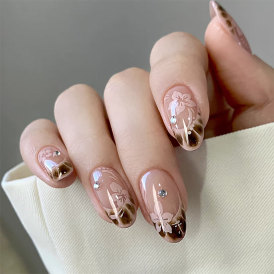 Blush Floral Chocolate Tip Nails
