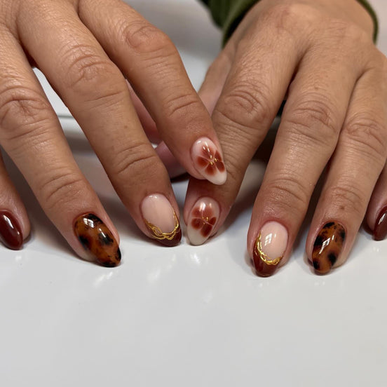 Burgundy Floral Tortoiseshell Nails