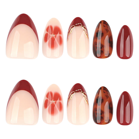 Burgundy Floral Tortoiseshell Nails