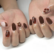 Brown Floral Minimal Nails