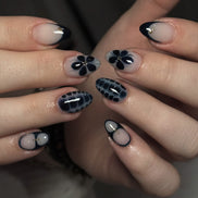 Black Floral French Nails