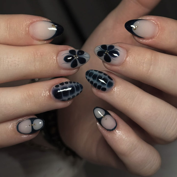 Black Floral French Nails