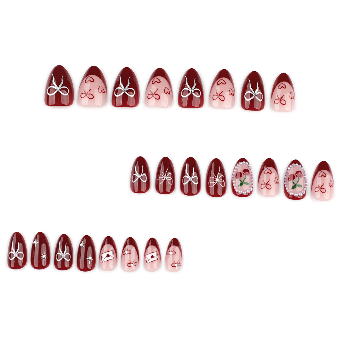 Crimson Rose & Silver Bow Press-On Nails