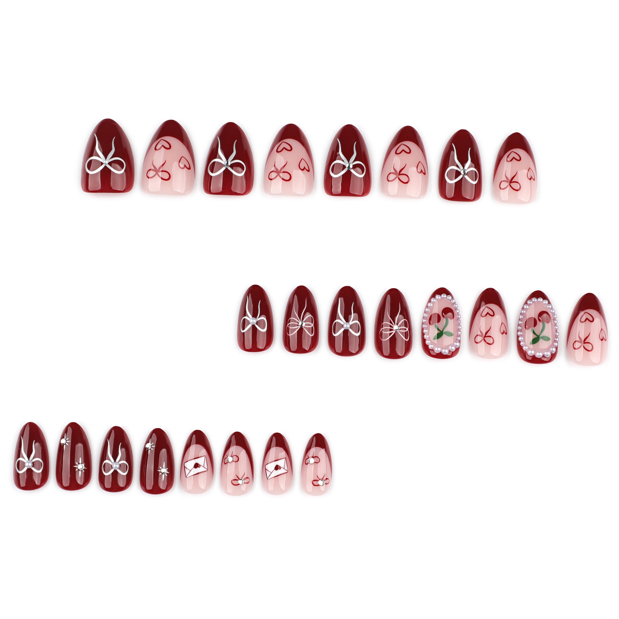 Crimson Rose & Silver Bow Press-On Nails