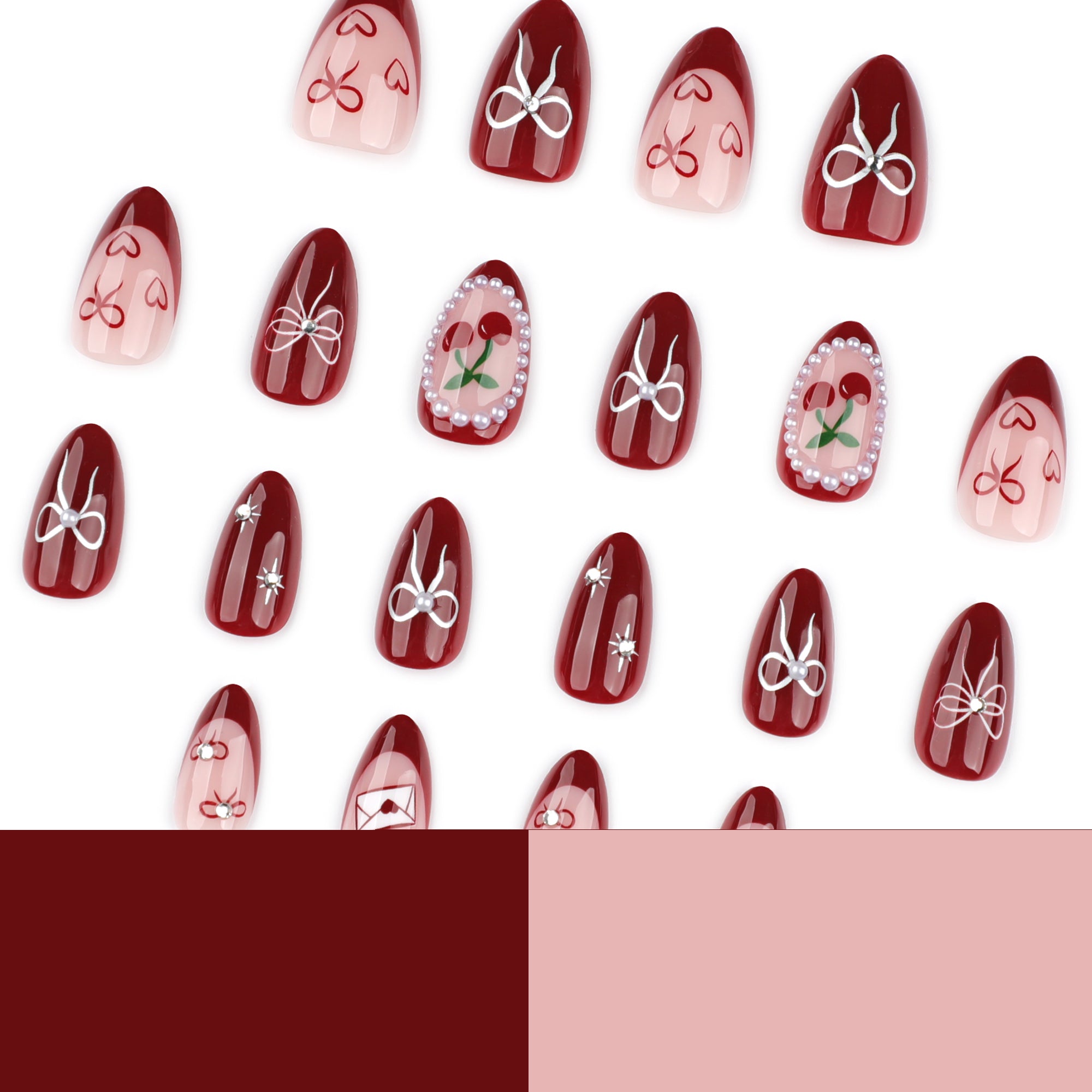 Crimson Rose & Silver Bow Press-On Nails