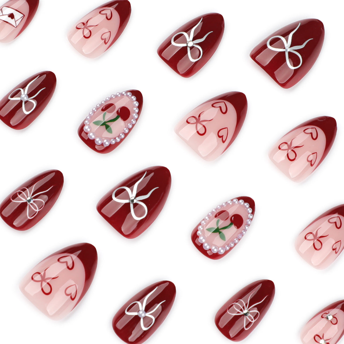 Crimson Rose & Silver Bow Press-On Nails