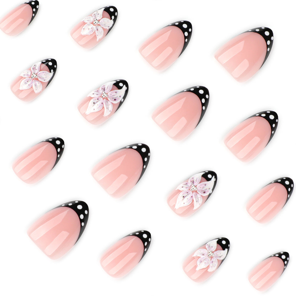 Black Polka Dot Tip Floral Accent Press-On Nails