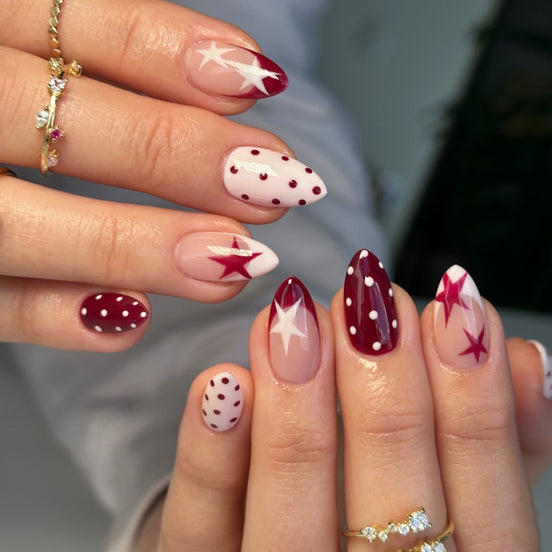Burgundy Star Mix Press-On Nails