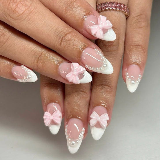 Pink Bow Pearl French Tip Press-On Nails