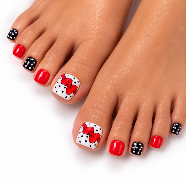 Red Bow Polka Dot Press-On Toenails